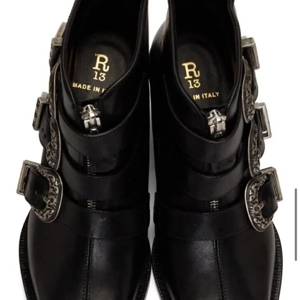 R13 Ankle Three Buckle Boot Black Leather sz 38 $995